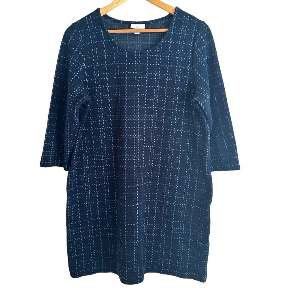 J Jill Navy Blue Checkered 3/4 Sleeve Shift Viscose Rayon Dress Size Medium